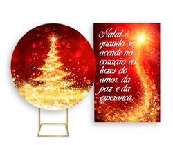 Painel De Festa Redondo + Painel Vertical - Natal Fundo Vermelho Efeito Glitter Dourados 04