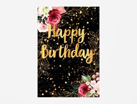 Painel De Festa Vertical 1,50 x 2,20 - Happy Birthday Dourado Floral 006