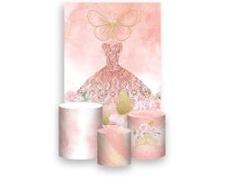 Painel De Festa Vertical 1,50 x 2,20 + Trio De Capas Cilindro - 15 Anos Flores e Borboletas Rosa 230 Painel De Festa Vertical 1,50 x 2,20 + Trio De Capas Cilindro - 15 Anos Flores e Borboletas Rosa 230