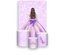 Painel De Festa Vertical 1,50 x 2,20 + Trio De Capas Cilindro - 15 Anos Princesa Efeito Glitter Lilás 221