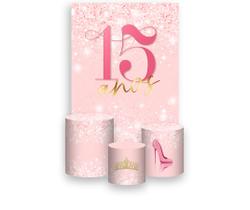 Painel De Festa Vertical 1,50 x 2,20 + Trio De Capas Cilindro - 15 Anos Rosa Efeito Glitter 217