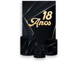 Painel De Festa Vertical 1,50 x 2,20 + Trio De Capas Cilindro - 18 Anos Dourado Fundo Preto 198 Painel De Festa Vertical 1,50 x 2,20 + Trio De Capas Cilindro - 18 Anos Dourado Fundo Preto 198