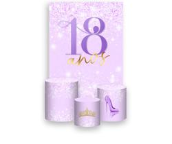 Painel De Festa Vertical 1,50 x 2,20 + Trio De Capas Cilindro - 18 Anos LIlás Efeito Glitter 224 Painel De Festa Vertical 1,50 x 2,20 + Trio De Capas Cilindro - 18 Anos LIlás Efeito Glitter 224