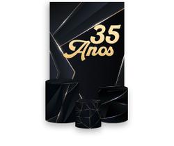 Painel De Festa Vertical 1,50 x 2,20 + Trio De Capas Cilindro - 35 Anos Dourado Fundo Preto 208