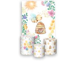 Painel De Festa Vertical 1,50 x 2,20 + Trio De Capas Cilindro - Abelhinha Colmeia Cute 002 Painel De Festa Vertical 1,50 x 2,20 + Trio De Capas Cilindro - Abelhinha Colmeia Cute 002