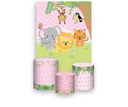 Painel De Festa Vertical 1,50 x 2,20 + Trio De Capas Cilindro - Animais Cute Safari Rosa 003 Painel De Festa Vertical 1,50 x 2,20 + Trio De Capas Cilindro - Animais Cute Safari Rosa 003