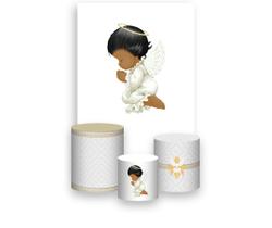 Painel De Festa Vertical 1,50 x 2,20 + Trio De Capas Cilindro - Anjinho Batizado Fundo Branco 022