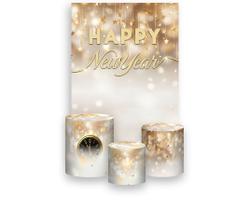 Painel De Festa Vertical 1,50 x 2,20 + Trio De Capas Cilindro - Ano Novo Happy New Year Dourado 008