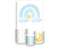 Painel De Festa Vertical 1,50 x 2,20 + Trio De Capas Cilindro - Arco-Íris Boho Azul 004