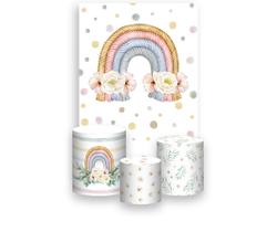 Painel De Festa Vertical 1,50 x 2,20 + Trio De Capas Cilindro - Arco-Íris Boho Floral 007