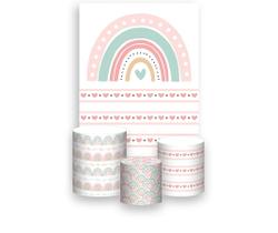 Painel De Festa Vertical 1,50 x 2,20 + Trio De Capas Cilindro - Arco-ìris Boho Rosa e Verde 011