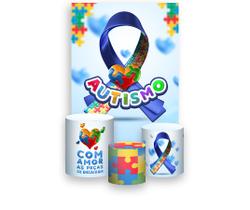 Painel De Festa Vertical 1,50 x 2,20 + Trio De Capas Cilindro - Autismo Laço de Quebra-Cabeça 003
