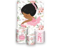 Painel De Festa Vertical 1,50 x 2,20 + Trio De Capas Cilindro - Bailarina Liso Rosa Flores 020 Painel De Festa Vertical 1,50 x 2,20 + Trio De Capas Cilindro - Bailarina Liso Rosa Flores 020
