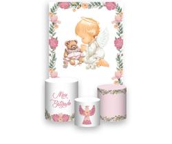 Painel De Festa Vertical 1,50 x 2,20 + Trio De Capas Cilindro - Batizado Anjinho e Ursinha Floral 012 Painel De Festa Vertical 1,50 x 2,20 + Trio De Capas Cilindro - Batizado Anjinho e Ursinha Floral 012
