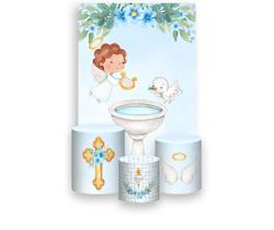 Painel De Festa Vertical 1,50 x 2,20 + Trio De Capas Cilindro - Batizado Anjinhos Azul Aquarela 025 Painel De Festa Vertical 1,50 x 2,20 + Trio De Capas Cilindro - Batizado Anjinhos Azul Aquarela 025