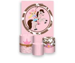 Painel De Festa Vertical 1,50 x 2,20 + Trio De Capas Cilindro - Boiadeira Rosa e Marrom Suave 036