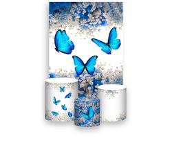 Painel De Festa Vertical 1,50 x 2,20 + Trio De Capas Cilindro - Borboleta Azul Floral 004 Painel De Festa Vertical 1,50 x 2,20 + Trio De Capas Cilindro - Borboleta Azul Floral 004