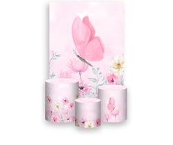 Painel De Festa Vertical 1,50 x 2,20 + Trio De Capas Cilindro - Borboleta E Flores Rosa 040 Painel De Festa Vertical 1,50 x 2,20 + Trio De Capas Cilindro - Borboleta E Flores Rosa 040
