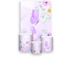 Painel De Festa Vertical 1,50 x 2,20 + Trio De Capas Cilindro - Borboleta no Campo de Flores Lilás 041 Painel De Festa Vertical 1,50 x 2,20 + Trio De Capas Cilindro - Borboleta no Campo de Flores Lilás 041