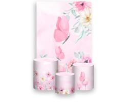 Painel De Festa Vertical 1,50 x 2,20 + Trio De Capas Cilindro - Borboleta no Campo de Flores Rosa 039 Painel De Festa Vertical 1,50 x 2,20 + Trio De Capas Cilindro - Borboleta no Campo de Flores Rosa 039