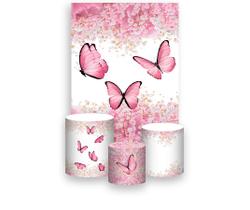 Painel De Festa Vertical 1,50 x 2,20 + Trio De Capas Cilindro - Borboleta Rosa Suave Floral 029 Painel De Festa Vertical 1,50 x 2,20 + Trio De Capas Cilindro - Borboleta Rosa Suave Floral 029