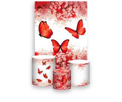Painel De Festa Vertical 1,50 x 2,20 + Trio De Capas Cilindro - Borboleta Vermelha Floral 035 Painel De Festa Vertical 1,50 x 2,20 + Trio De Capas Cilindro - Borboleta Vermelha Floral 035