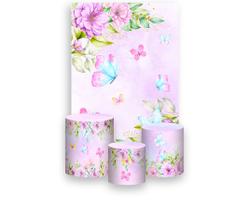 Painel De Festa Vertical 1,50 x 2,20 + Trio De Capas Cilindro - Borboletas Aquarela Floral Lilás 011 Painel De Festa Vertical 1,50 x 2,20 + Trio De Capas Cilindro - Borboletas Aquarela Floral Lilás 011