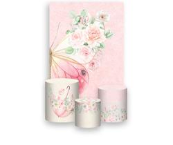 Painel De Festa Vertical 1,50 x 2,20 + Trio De Capas Cilindro - Borboletas Aquarela Rosa 022 Painel De Festa Vertical 1,50 x 2,20 + Trio De Capas Cilindro - Borboletas Aquarela Rosa 022