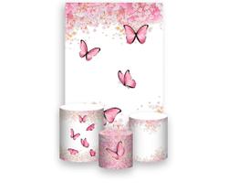 Painel De Festa Vertical 1,50 x 2,20 + Trio De Capas Cilindro - Borboletas Rosa Suave Floral 028