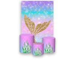 Painel De Festa Vertical 1,50 x 2,20 + Trio De Capas Cilindro - Cauda Efeito Glitter Dourada 003 Painel De Festa Vertical 1,50 x 2,20 + Trio De Capas Cilindro - Cauda Efeito Glitter Dourada 003