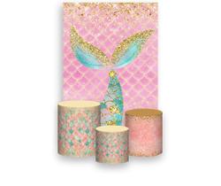 Painel De Festa Vertical 1,50 x 2,20 + Trio De Capas Cilindro - Cauda Sereia Rosa e Verde 015 Painel De Festa Vertical 1,50 x 2,20 + Trio De Capas Cilindro - Cauda Sereia Rosa e Verde 015