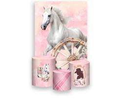 Painel De Festa Vertical 1,50 x 2,20 + Trio De Capas Cilindro - Cavalo Branco Findo Rosa 045