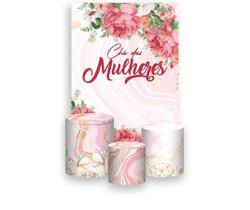 Painel De Festa Vertical 1,50 x 2,20 + Trio De Capas Cilindro - Chá das Mulheres Floral e Dourado 048