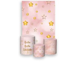 Painel De Festa Vertical 1,50 x 2,20 + Trio De Capas Cilindro - Chá de Bebê Brilha Brilha Estrelinha Rosa 010