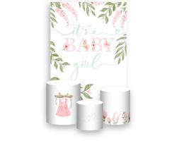 Painel De Festa Vertical 1,50 x 2,20 + Trio De Capas Cilindro - Chá de Bebê It's a Girl Floral Rosa 080 Painel De Festa Vertical 1,50 x 2,20 + Trio De Capas Cilindro - Chá de Bebê It's a Girl Floral Rosa 080