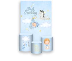 Painel De Festa Vertical 1,50 x 2,20 + Trio De Capas Cilindro - Chá de Fraldas Menino Loiro 043