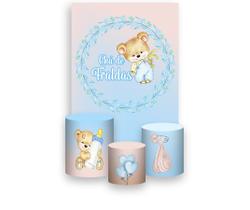Painel De Festa Vertical 1,50 x 2,20 + Trio De Capas Cilindro - Chá de Fraldas Ursinho Azul Cute 047 Painel De Festa Vertical 1,50 x 2,20 + Trio De Capas Cilindro - Chá de Fraldas Ursinho Azul Cute 047