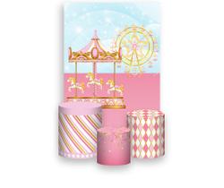 Painel De Festa Vertical 1,50 x 2,20 + Trio De Capas Cilindro - Circo Rosa Carrossel 012