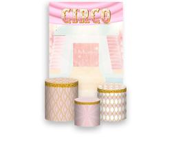 Painel De Festa Vertical 1,50 x 2,20 + Trio De Capas Cilindro - Circo Rosa e Dourado 037 Painel De Festa Vertical 1,50 x 2,20 + Trio De Capas Cilindro - Circo Rosa e Dourado 037