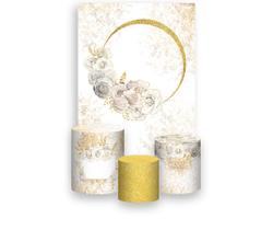 Painel De Festa Vertical 1,50 x 2,20 + Trio De Capas Cilindro - Circulo Dourado com Flores Brancas 056