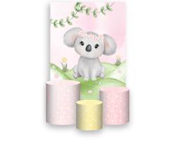 Painel De Festa Vertical 1,50 x 2,20 + Trio De Capas Cilindro - Coala Aquarela Cute Rosa Suave 038