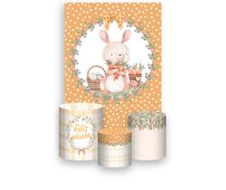 Painel De Festa Vertical 1,50 x 2,20 + Trio De Capas Cilindro - Coelho de Páscoa Laranja 017