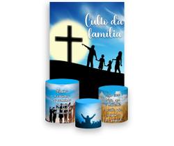 Painel De Festa Vertical 1,50 x 2,20 + Trio De Capas Cilindro - Culto da Família Cruz e Céu 070