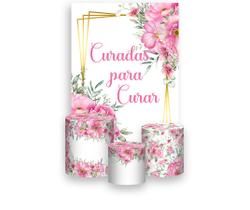 Painel De Festa Vertical 1,50 x 2,20 + Trio De Capas Cilindro - Curadas Para Curar Floral Rosa 025