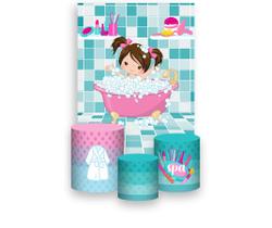 Painel De Festa Vertical 1,50 x 2,20 + Trio De Capas Cilindro - Dia de Spa Banheira Rosa Menina 006 Painel De Festa Vertical 1,50 x 2,20 + Trio De Capas Cilindro - Dia de Spa Banheira Rosa Menina 006