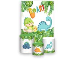 Painel De Festa Vertical 1,50 x 2,20 + Trio De Capas Cilindro - Dinossauro Cute Folhagens Roar 015 Painel De Festa Vertical 1,50 x 2,20 + Trio De Capas Cilindro - Dinossauro Cute Folhagens Roar 015