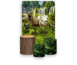 Painel De Festa Vertical 1,50 x 2,20 + Trio De Capas Cilindro - Dinossauros Floresta Cachoeira 005