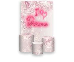 Painel De Festa Vertical 1,50 x 2,20 + Trio De Capas Cilindro - Dorama Rosa Claro Cerejeiras 005