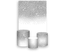 Painel De Festa Vertical 1,50 x 2,20 + Trio De Capas Cilindro - Efeito Glitter Prata Fundo Branco 043