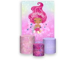 Painel De Festa Vertical 1,50 x 2,20 + Trio De Capas Cilindro - Efeito Glitter Sereia Corais 012 Painel De Festa Vertical 1,50 x 2,20 + Trio De Capas Cilindro - Efeito Glitter Sereia Corais 012